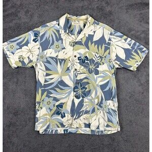 Tommy Bahama Men’s L 100% Silk Hawaiian Shirt Blue Green Floral Camp Aloha